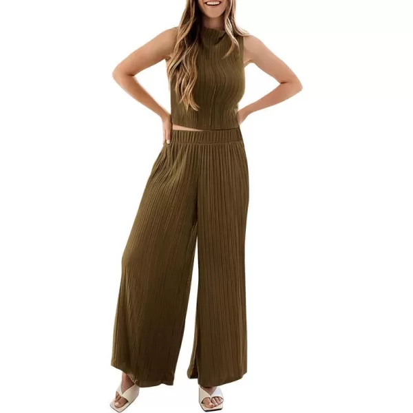 imagePRETTYGARDEN 2 Piece Outfits for Women Summer Casual Tank Tops and Wide Leg Pants Lounge Sets TracksuitsArmy Green