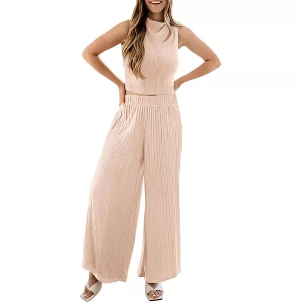 imagePRETTYGARDEN 2 Piece Outfits for Women Summer Casual Tank Tops and Wide Leg Pants Lounge Sets TracksuitsBeige