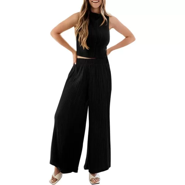 imagePRETTYGARDEN 2 Piece Outfits for Women Summer Casual Tank Tops and Wide Leg Pants Lounge Sets TracksuitsBlack