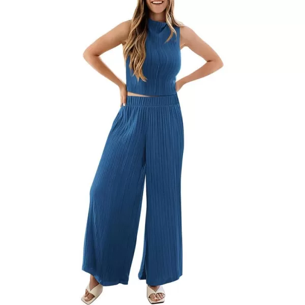 imagePRETTYGARDEN 2 Piece Outfits for Women Summer Casual Tank Tops and Wide Leg Pants Lounge Sets TracksuitsBlue