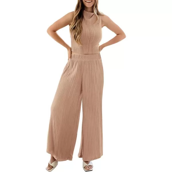 imagePRETTYGARDEN 2 Piece Outfits for Women Summer Casual Tank Tops and Wide Leg Pants Lounge Sets TracksuitsKhaki