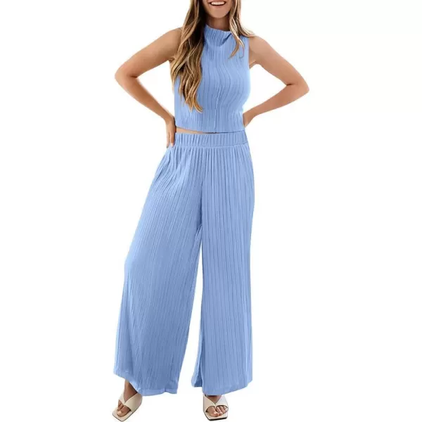 imagePRETTYGARDEN 2 Piece Outfits for Women Summer Casual Tank Tops and Wide Leg Pants Lounge Sets TracksuitsLight Blue
