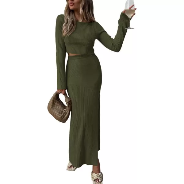 imagePRETTYGARDEN 2023 Fall 2 Piece Outfits For Women Rib Knit Crop Top And Slit Maxi Dress Skirt Sets TracksuitArmy Green