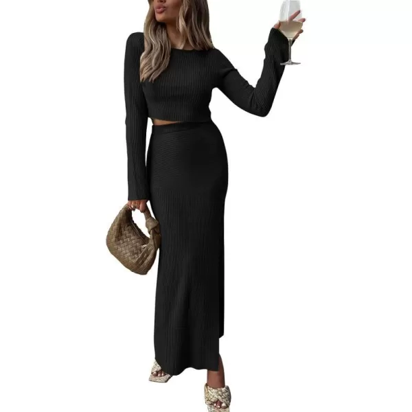 imagePRETTYGARDEN 2023 Fall 2 Piece Outfits For Women Rib Knit Crop Top And Slit Maxi Dress Skirt Sets TracksuitBlack