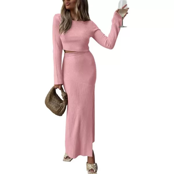 imagePRETTYGARDEN 2023 Fall 2 Piece Outfits For Women Rib Knit Crop Top And Slit Maxi Dress Skirt Sets TracksuitPink