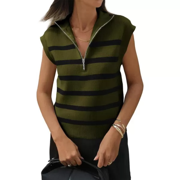 imagePRETTYGARDEN 2024 Summer T Shirts for Women Casual 12 Zip Cap Sleeve V Neck Striped Knit Tee Tops BlousesStriped Army Green Black