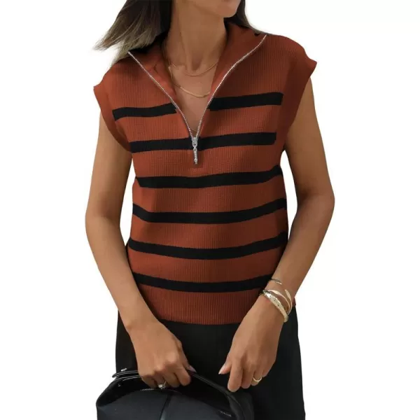 imagePRETTYGARDEN 2024 Summer T Shirts for Women Casual 12 Zip Cap Sleeve V Neck Striped Knit Tee Tops BlousesStriped Brown Black