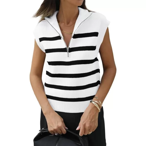 imagePRETTYGARDEN 2024 Summer T Shirts for Women Casual 12 Zip Cap Sleeve V Neck Striped Knit Tee Tops BlousesStriped White Black