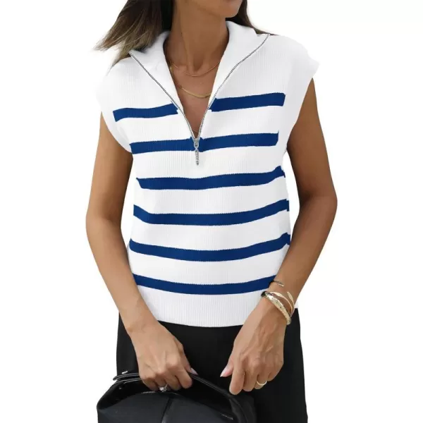 imagePRETTYGARDEN 2024 Summer T Shirts for Women Casual 12 Zip Cap Sleeve V Neck Striped Knit Tee Tops BlousesStriped White Blue