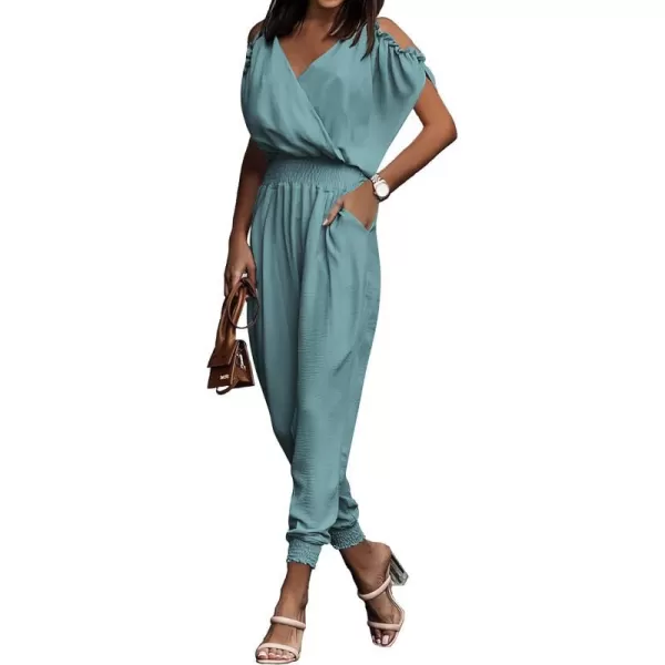 imagePRETTYGARDEN Jumpsuit for Women Casual Wrap V Neck Cold Shoulder One Piece Outfits Pants RomperFruit Green