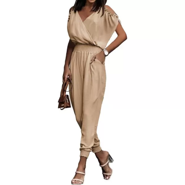 imagePRETTYGARDEN Jumpsuit for Women Casual Wrap V Neck Cold Shoulder One Piece Outfits Pants RomperKhaki