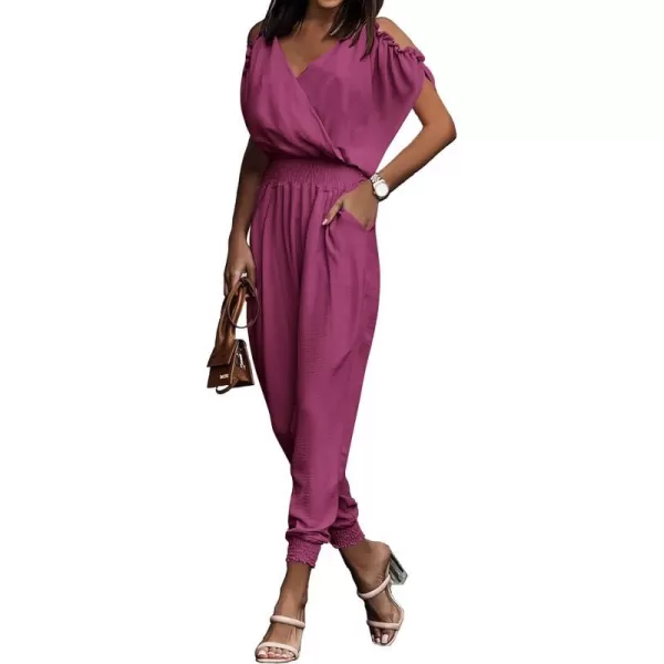imagePRETTYGARDEN Jumpsuit for Women Casual Wrap V Neck Cold Shoulder One Piece Outfits Pants RomperPink Purple