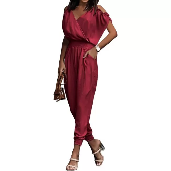 imagePRETTYGARDEN Jumpsuit for Women Casual Wrap V Neck Cold Shoulder One Piece Outfits Pants RomperRed