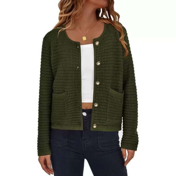 imagePRETTYGARDEN Open Front Cardigan Sweaters for Women Button Down Long Sleeve Casual Cute Knitted Shirts with PocketsArmy Green