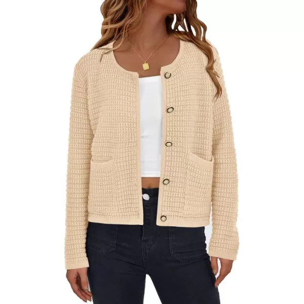 imagePRETTYGARDEN Open Front Cardigan Sweaters for Women Button Down Long Sleeve Casual Cute Knitted Shirts with PocketsBeige