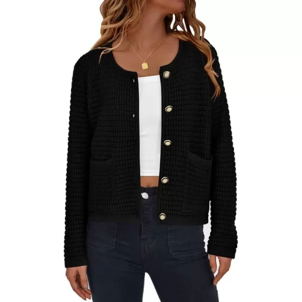 imagePRETTYGARDEN Open Front Cardigan Sweaters for Women Button Down Long Sleeve Casual Cute Knitted Shirts with PocketsBlack
