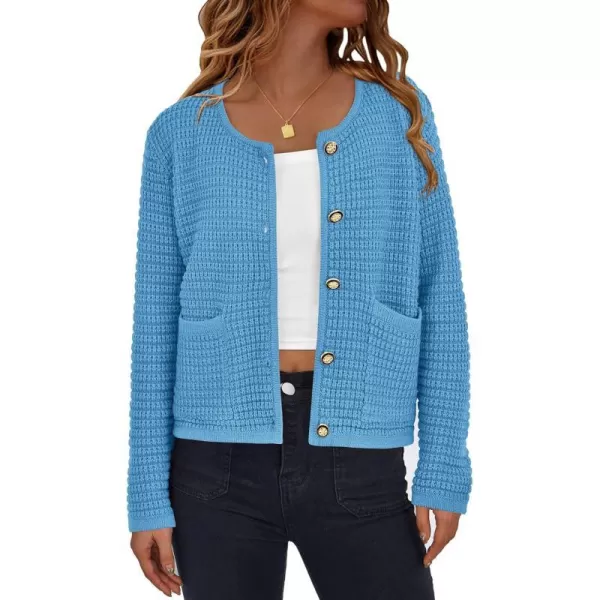 imagePRETTYGARDEN Open Front Cardigan Sweaters for Women Button Down Long Sleeve Casual Cute Knitted Shirts with PocketsBlue