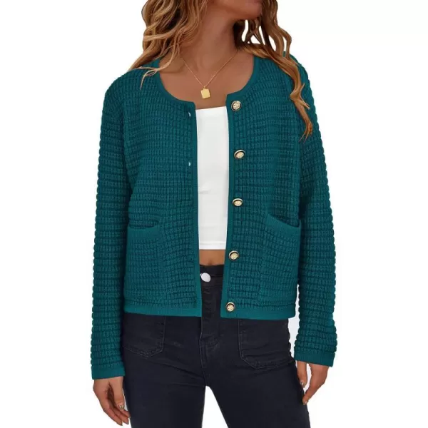 imagePRETTYGARDEN Open Front Cardigan Sweaters for Women Button Down Long Sleeve Casual Cute Knitted Shirts with PocketsBlue Green