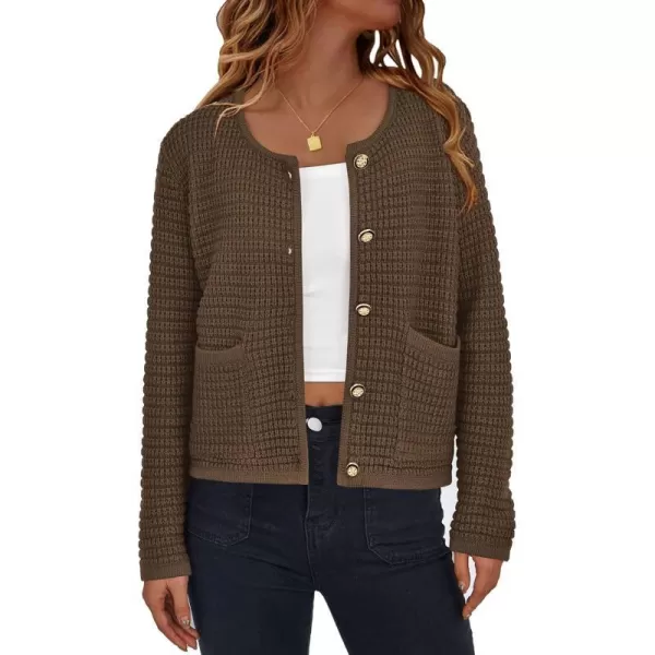 imagePRETTYGARDEN Open Front Cardigan Sweaters for Women Button Down Long Sleeve Casual Cute Knitted Shirts with PocketsCoffee