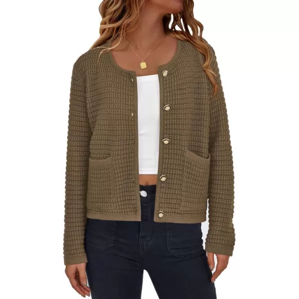 imagePRETTYGARDEN Open Front Cardigan Sweaters for Women Button Down Long Sleeve Casual Cute Knitted Shirts with PocketsDark Khaki