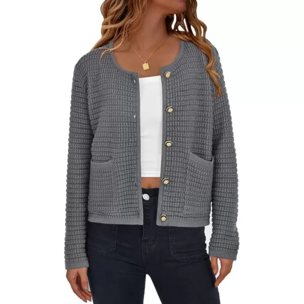 imagePRETTYGARDEN Open Front Cardigan Sweaters for Women Button Down Long Sleeve Casual Cute Knitted Shirts with PocketsGrey