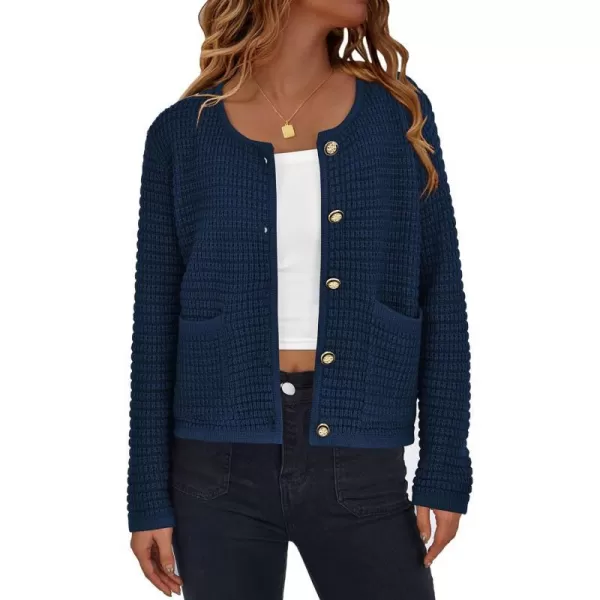 imagePRETTYGARDEN Open Front Cardigan Sweaters for Women Button Down Long Sleeve Casual Cute Knitted Shirts with PocketsNavy
