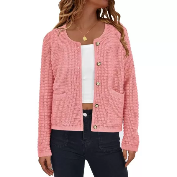 imagePRETTYGARDEN Open Front Cardigan Sweaters for Women Button Down Long Sleeve Casual Cute Knitted Shirts with PocketsPink