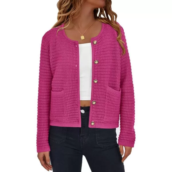 imagePRETTYGARDEN Open Front Cardigan Sweaters for Women Button Down Long Sleeve Casual Cute Knitted Shirts with PocketsRose Red