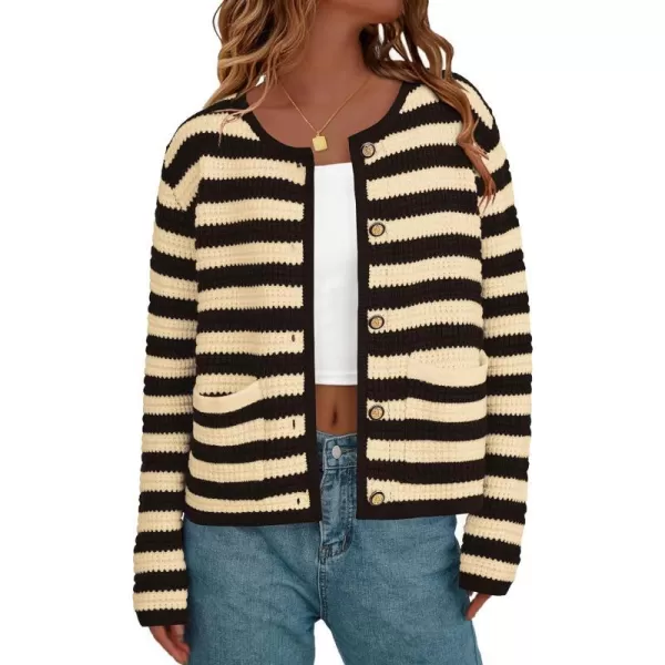 imagePRETTYGARDEN Open Front Cardigan Sweaters for Women Button Down Long Sleeve Casual Cute Knitted Shirts with PocketsStriped Beigeblack