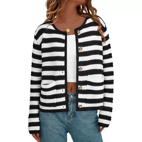 imagePRETTYGARDEN Open Front Cardigan Sweaters for Women Button Down Long Sleeve Casual Cute Knitted Shirts with PocketsStriped Blackwhite