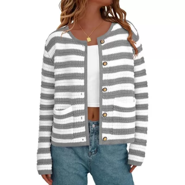 imagePRETTYGARDEN Open Front Cardigan Sweaters for Women Button Down Long Sleeve Casual Cute Knitted Shirts with PocketsStriped Greywhite