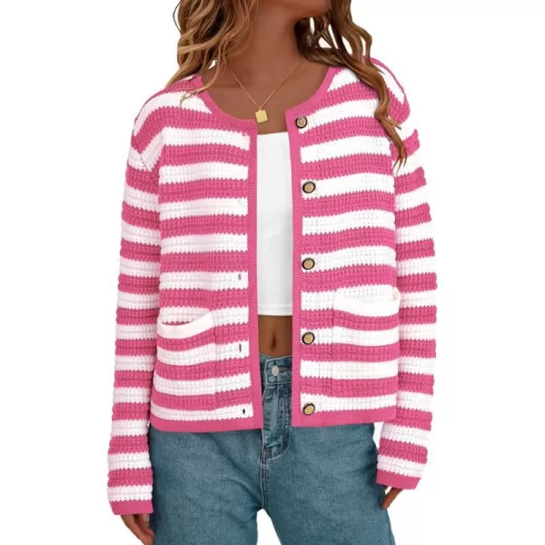 imagePRETTYGARDEN Open Front Cardigan Sweaters for Women Button Down Long Sleeve Casual Cute Knitted Shirts with PocketsStriped Pinkwhite