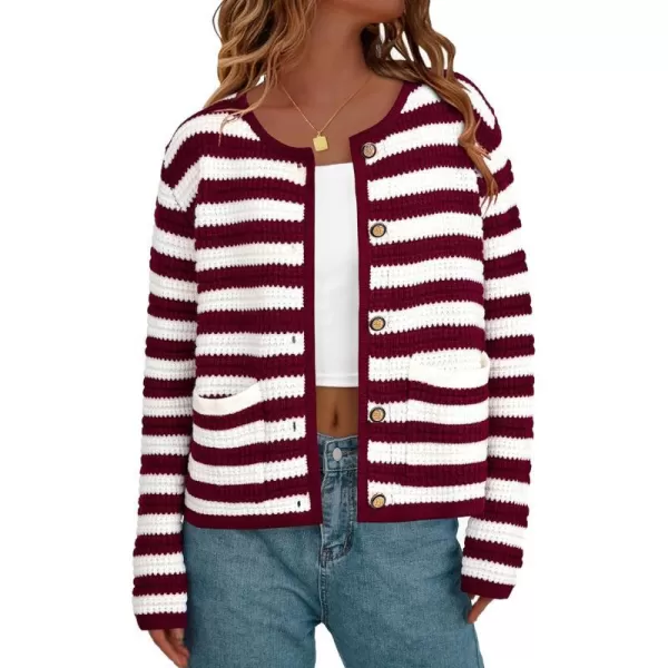 imagePRETTYGARDEN Open Front Cardigan Sweaters for Women Button Down Long Sleeve Casual Cute Knitted Shirts with PocketsStriped Wine Redwhite