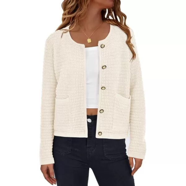imagePRETTYGARDEN Open Front Cardigan Sweaters for Women Button Down Long Sleeve Casual Cute Knitted Shirts with PocketsWhite