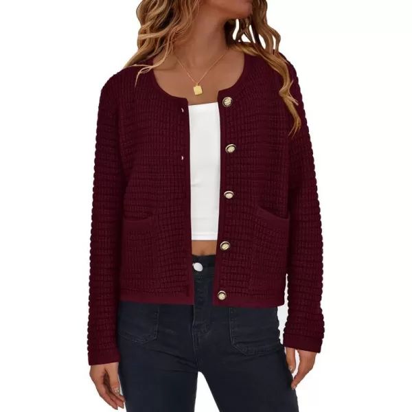 imagePRETTYGARDEN Open Front Cardigan Sweaters for Women Button Down Long Sleeve Casual Cute Knitted Shirts with PocketsWine Red