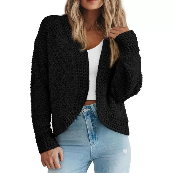 imagePRETTYGARDEN Open Front Fall Sweaters for Women 2023 Popcorn Long Sleeve Cardigan Knit Oversized Sherpa Sweater CoatBlack