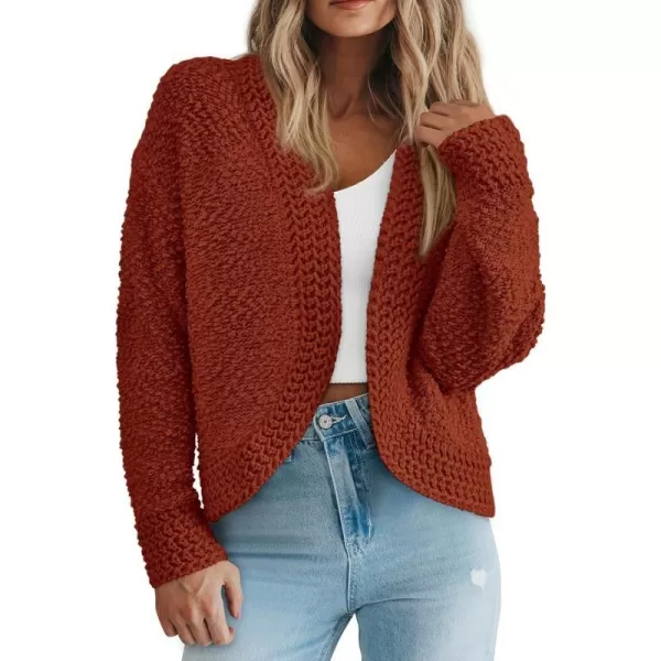 imagePRETTYGARDEN Open Front Fall Sweaters for Women 2023 Popcorn Long Sleeve Cardigan Knit Oversized Sherpa Sweater CoatBrick Red