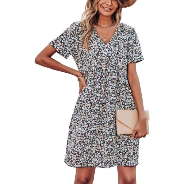 imagePRETTYGARDEN Summer Dress for Women 2023 Short Sleeve V Neck Ruffle Floral Swing ALine Short DressesBlack