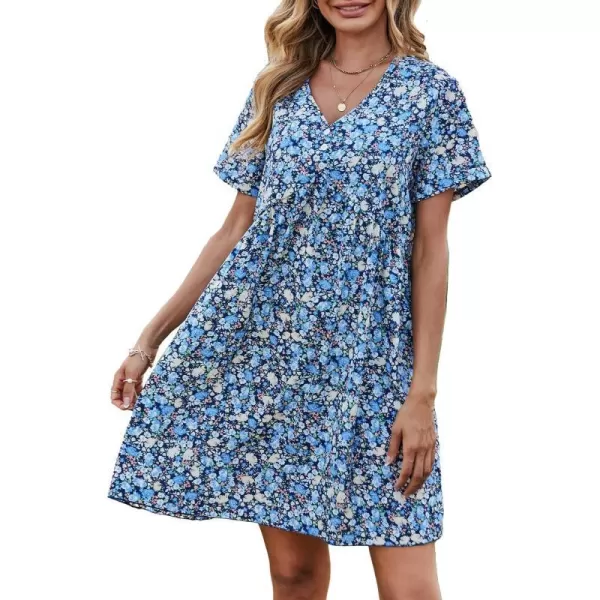 imagePRETTYGARDEN Summer Dress for Women 2023 Short Sleeve V Neck Ruffle Floral Swing ALine Short DressesBlue