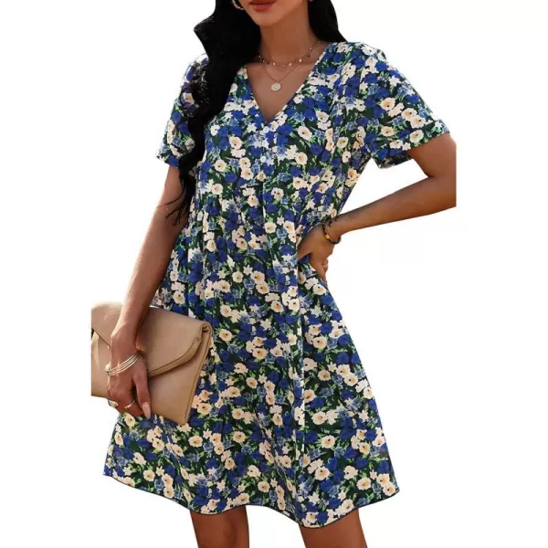 imagePRETTYGARDEN Summer Dress for Women 2023 Short Sleeve V Neck Ruffle Floral Swing ALine Short DressesBlue White