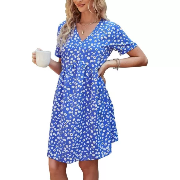imagePRETTYGARDEN Summer Dress for Women 2023 Short Sleeve V Neck Ruffle Floral Swing ALine Short DressesBlue White Floral