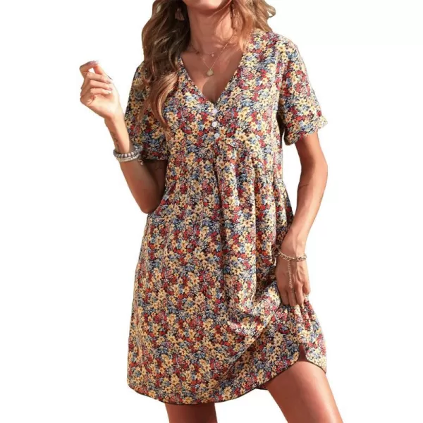 imagePRETTYGARDEN Summer Dress for Women 2023 Short Sleeve V Neck Ruffle Floral Swing ALine Short DressesOrange