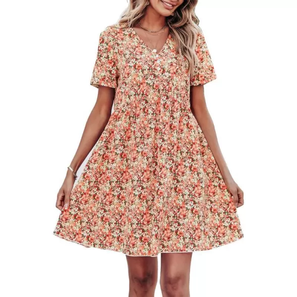 imagePRETTYGARDEN Summer Dress for Women 2023 Short Sleeve V Neck Ruffle Floral Swing ALine Short DressesOrange Pink