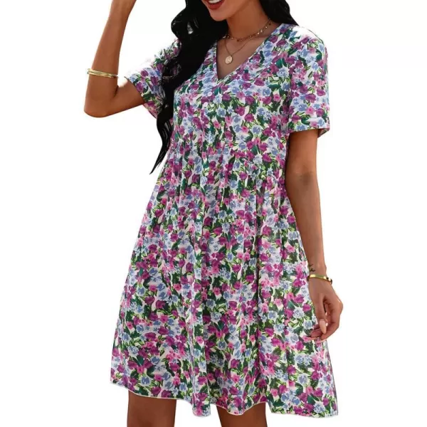 imagePRETTYGARDEN Summer Dress for Women 2023 Short Sleeve V Neck Ruffle Floral Swing ALine Short DressesPurple