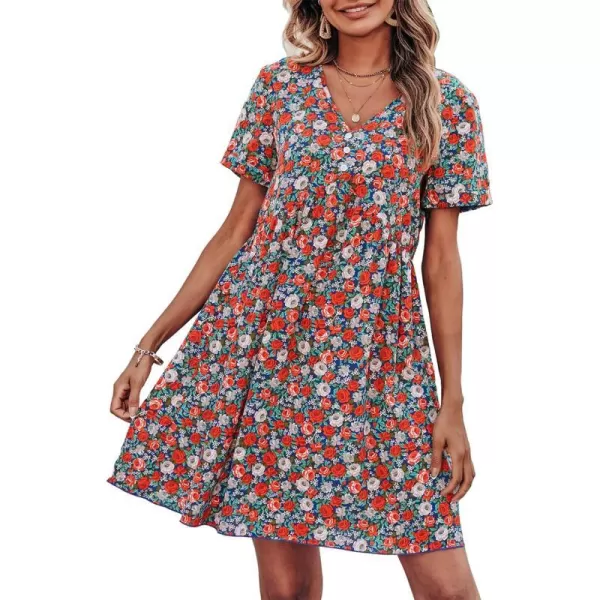 imagePRETTYGARDEN Summer Dress for Women 2023 Short Sleeve V Neck Ruffle Floral Swing ALine Short DressesRed