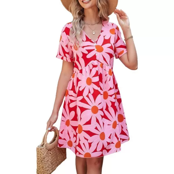 imagePRETTYGARDEN Summer Dress for Women 2023 Short Sleeve V Neck Ruffle Floral Swing ALine Short DressesRed Floral