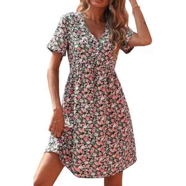 imagePRETTYGARDEN Summer Dress for Women 2023 Short Sleeve V Neck Ruffle Floral Swing ALine Short DressesRose Red