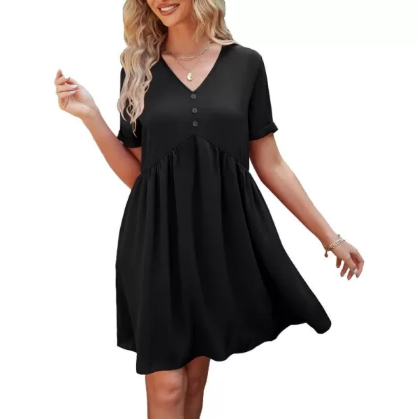 imagePRETTYGARDEN Summer Dress for Women 2023 Short Sleeve V Neck Ruffle Floral Swing ALine Short DressesSolid Black