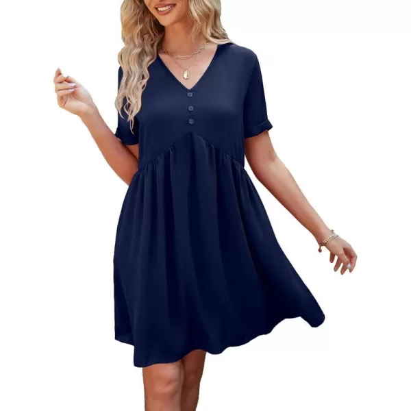imagePRETTYGARDEN Summer Dress for Women 2023 Short Sleeve V Neck Ruffle Floral Swing ALine Short DressesSolid Navy