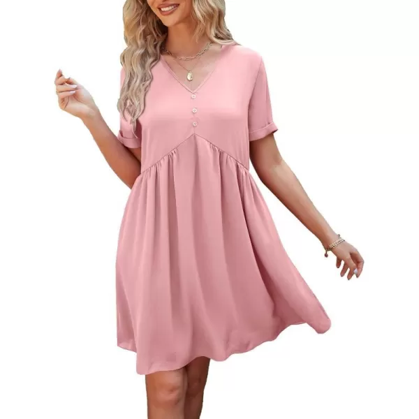 imagePRETTYGARDEN Summer Dress for Women 2023 Short Sleeve V Neck Ruffle Floral Swing ALine Short DressesSolid Pink